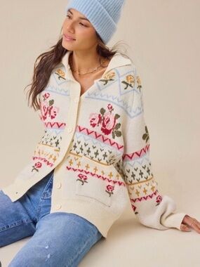 Altar'd State Cream Floral Jacquard Button Cardigan Sweater